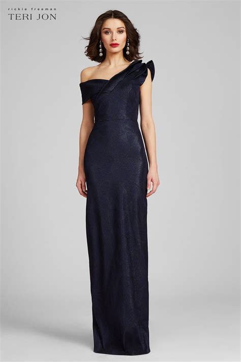 teri jon metallic crepe cap sleeve fabric content|Metallic Jacquard Asymmetrical Ruffle Gown – Terijon.com.